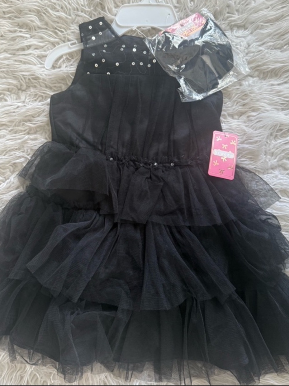 NWT Girl’s Black Tiered Tulle Dress with Bow Hair Clip